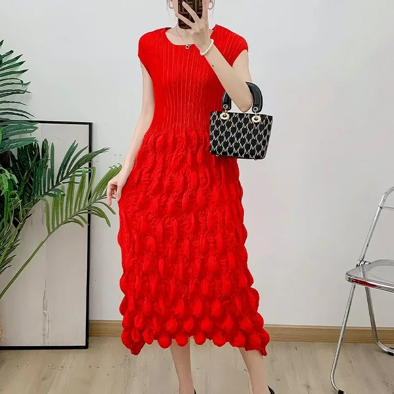 Mosong Fashion Miyake Pleated 2024 new hand-made bubble pleated sleeve mid-length dress