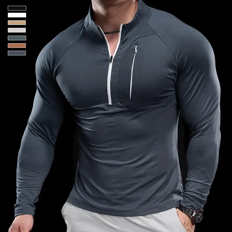 2024 New Men\'s Sports Gym Fitness Tops Running Training Clothes Round Neck Quick-drying Breathable Long-sleeved T-shirt Autumn