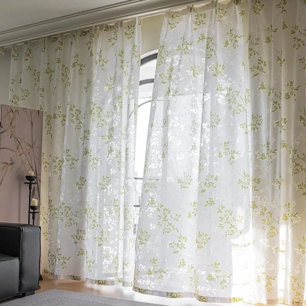Pastoral Leaves Cut Flowers Semi Transparent Curtains Thickened Gauze Printed Drapes for Living Room, Bedroom, Balcony