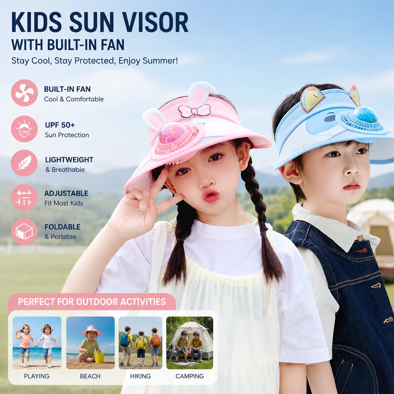 

Children's empty top hats for summer outings with large eaves and fans for sun protection, cartoon cute hats for boys and girls