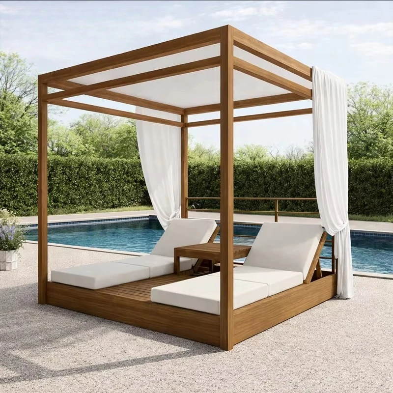 Contemporary Outdoor Patio Garden Set Luxury Shade Structure Solid Teak Canopy Daybed High Performance Fabric Sunbed