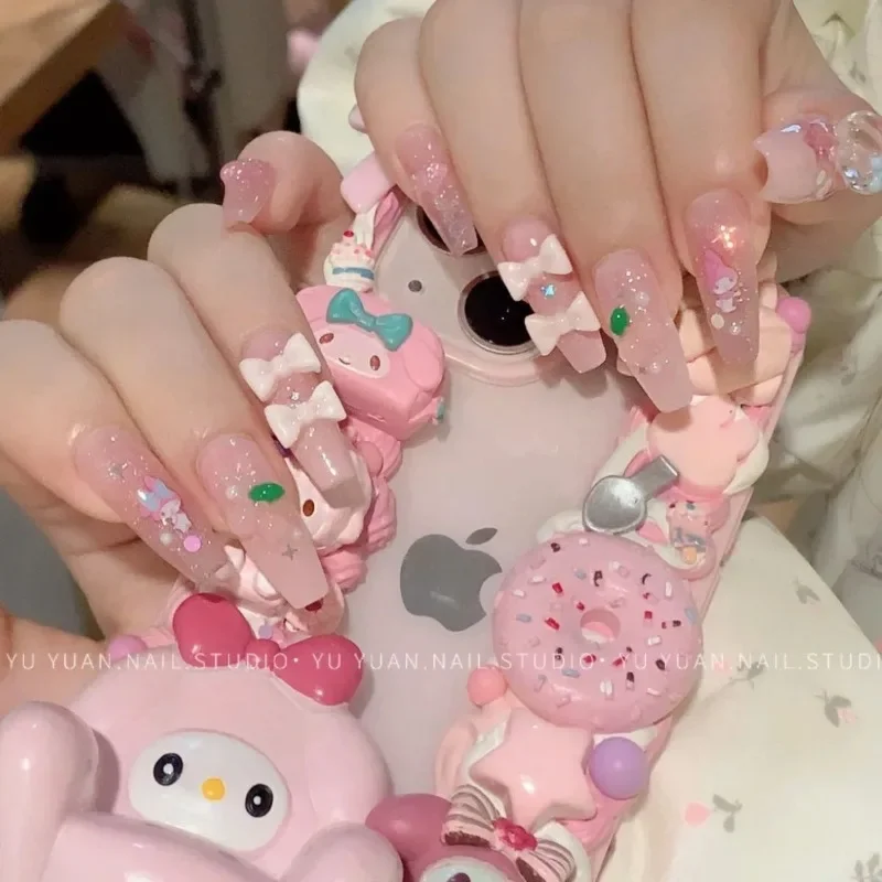 My Melody Sanrio Manicure Fingers Adesivos, Kawaii, Ins Moda, Doce, Decoração de Unhas, Arco, Desenhos Animados, Bonitos, Presentes para Meninas