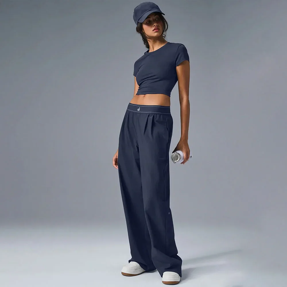 البدلة حتى بنطلون أسود وأزرق اليوغا السراويل الرياضية عالية الخصر مستقيم الساق مريحة فضفاضة واسعة السراويل خفيفة الوزن المرأة بانت