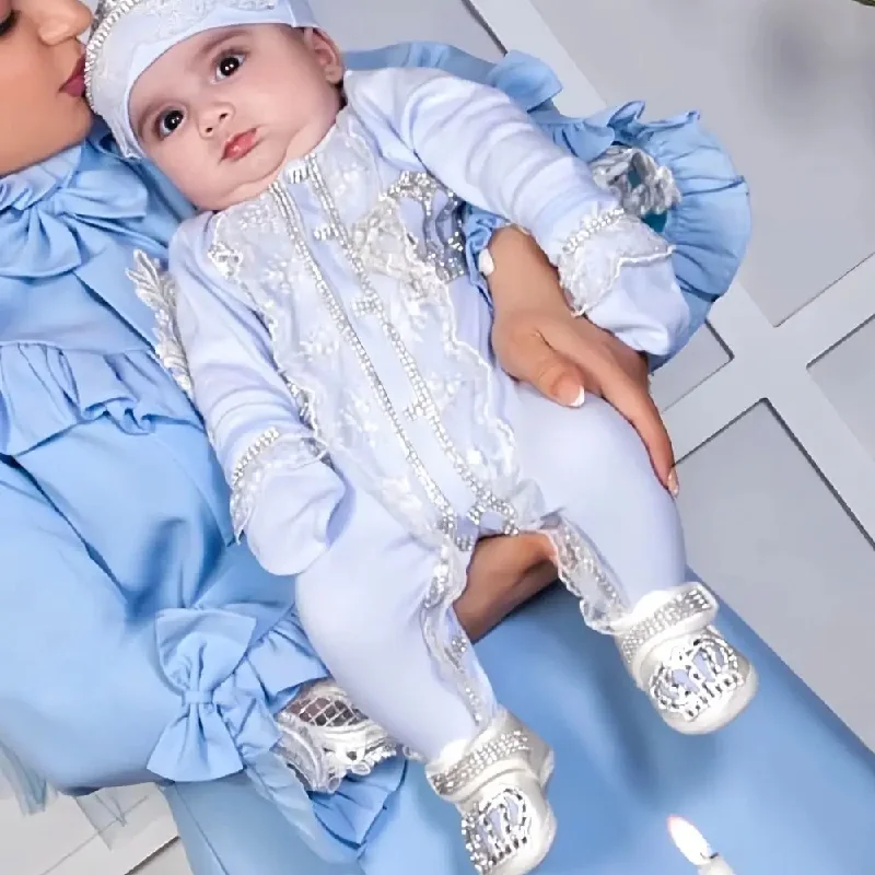 Original UK Prince Take Me Home Outfit Baby Crown Jewels set Baptism Bling Outfit Rubybelleb Light Blue 3pcs Layette Swaddle Set