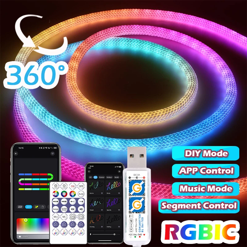 WS2811 RGBIC Round Reticulate Neon Strip Lights, 360° Bendable Dream Color Rope Lights for Bedroom Ambient Decoration