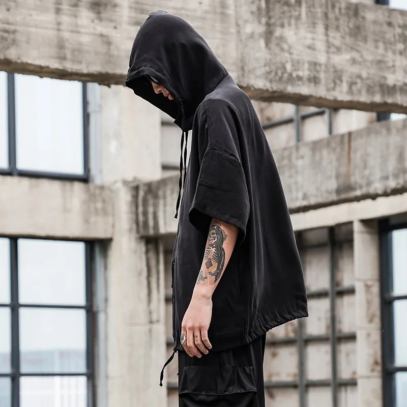 Men's Hooded Short Sleeve Shirt Summer New Dark Yohji Yamamoto Hooded Off Shoulder Drawstring Shirt Top