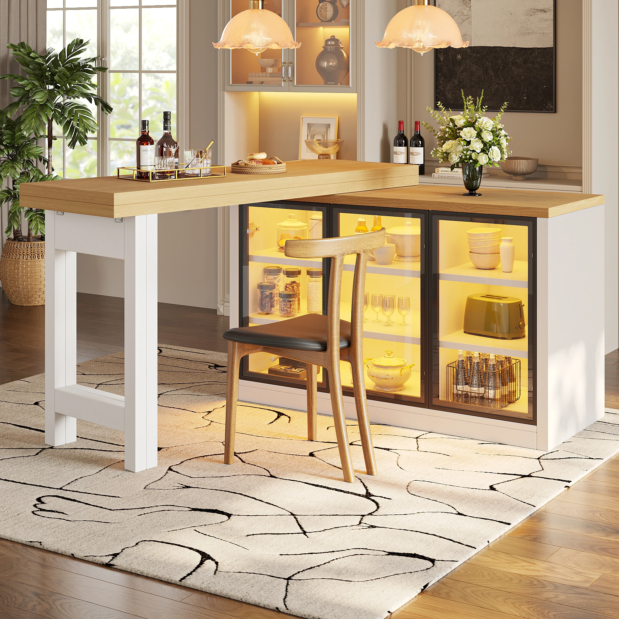 Multifonctionnel 360 °   Table à manger rotative avec armoire latérale, table îlot de cuisine extensible, design blanc moderne, étagères réglables, portes en verre avec ouverture par pression, système d'éclairage intelligent avec synchronisation musicale et minuterie, construction robuste en MDF avec anti-adhésif.