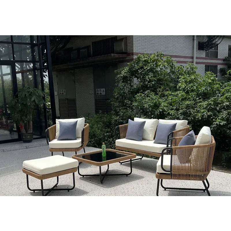Outdoor rattan sofa three people waterproof sunscreen B & B courtyard garden balcony outdoor leisure coffee table rattan chair f