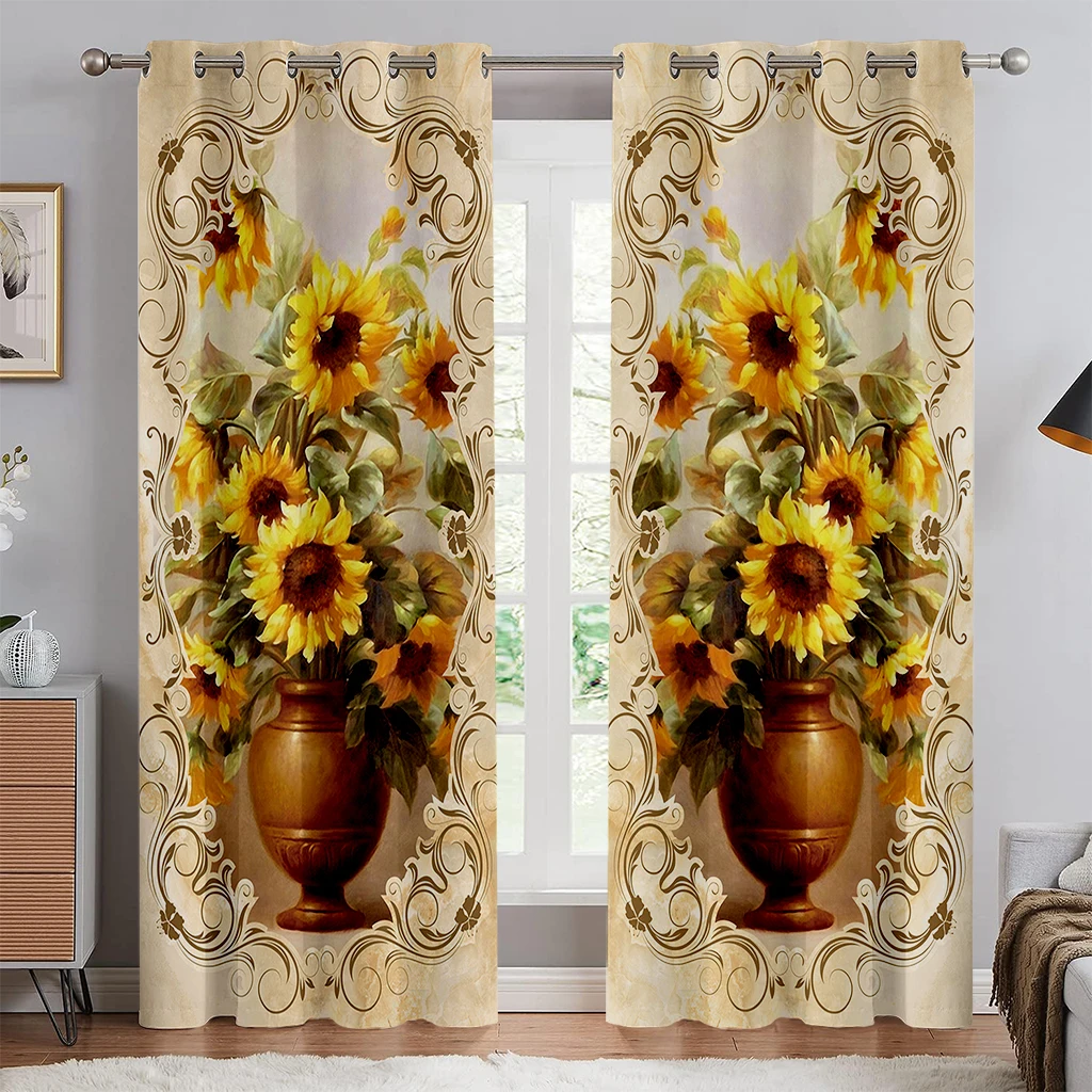 Vintage Oil Painting Sunflower Floral Print Curtain, Window Decoration, Rod Pocket, Bedroom, Living Room, Kitchen 2PCS