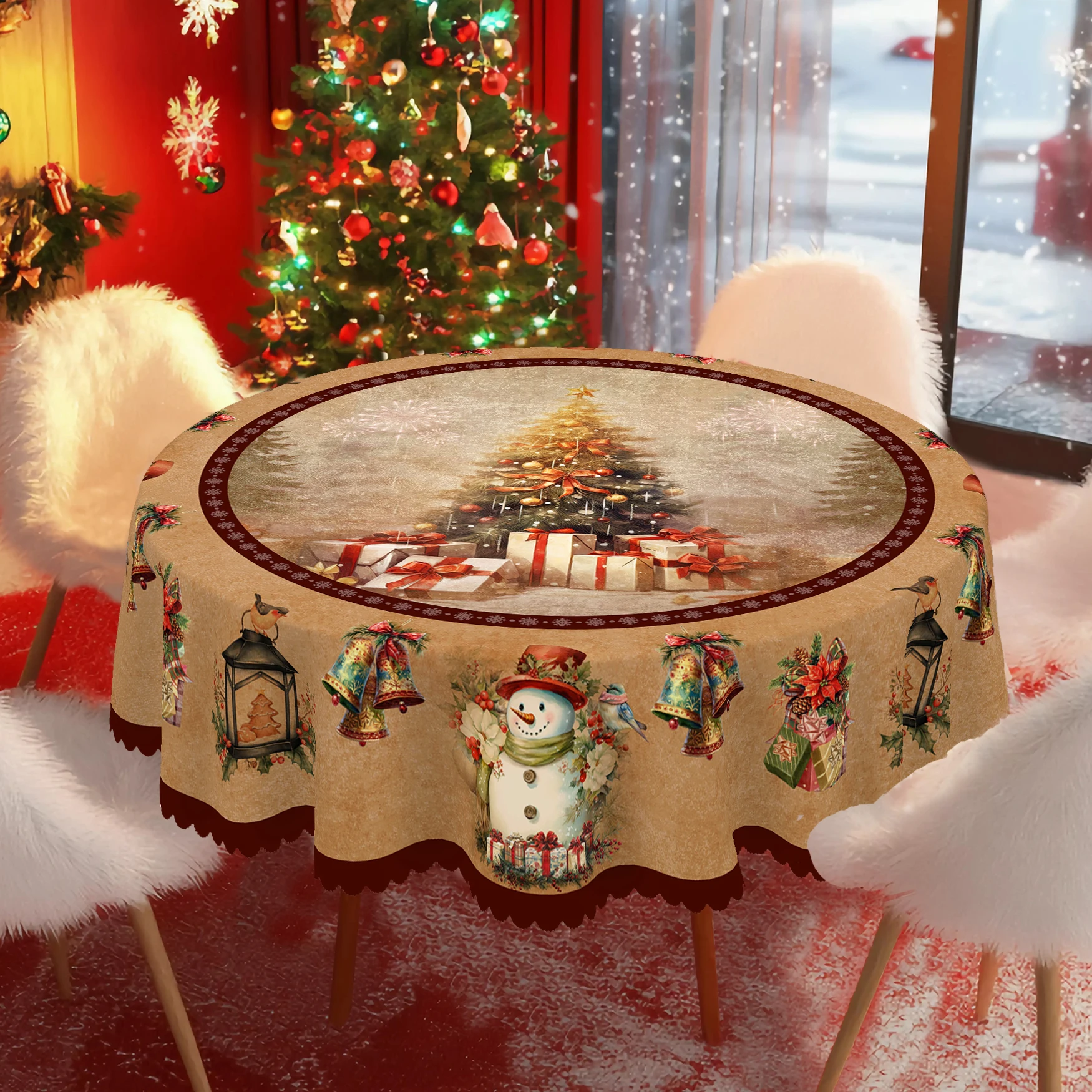 1 Christmas Themed Round and Rectangular Tablecloths, Various Sizes, Antique Christmas Tree Snowman Exquisite Bell Tablecloths for Daily Home Kitchen, Terrace Use, Gifts