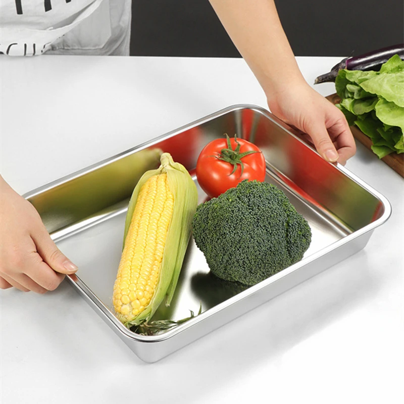 Stainless Steel Food Trays Rectangle Fruit Vegetables Storage Pans Cake Bread Biscuits Dish Bakeware Kitchen Baking Plates