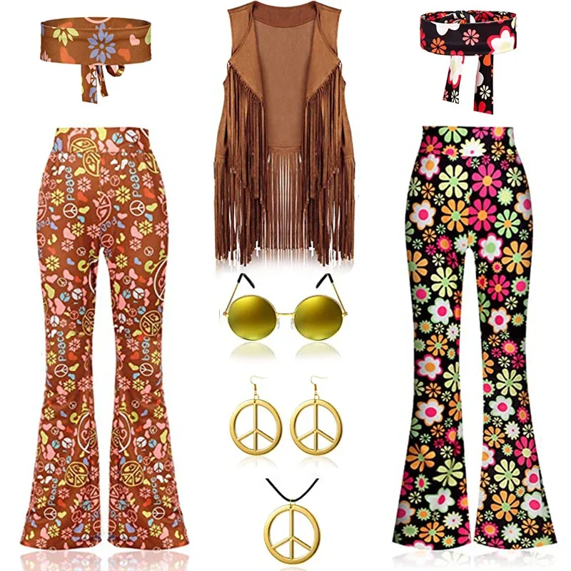 

6pcs Hippie Disco 60s 70s Cosplay Costume Women Peace Love Hip Indian Tassels Hippie Vest Cardigan Halloween Carnival Party
