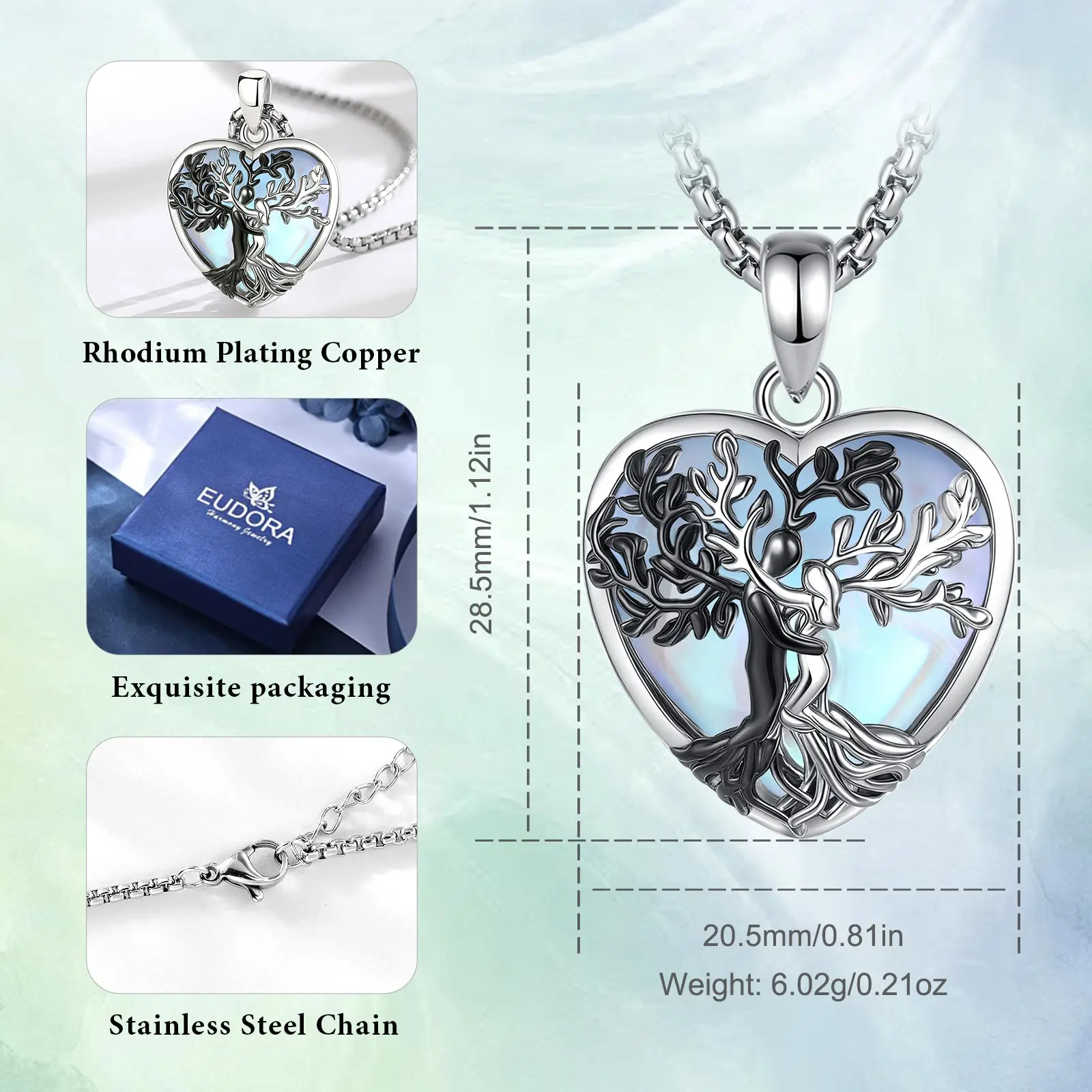 Eudora Tree of Life Couple Hug Necklace Moonstone Healing Stone Crystal Love Pendant Spiritual Jewelry Gift for Women Men