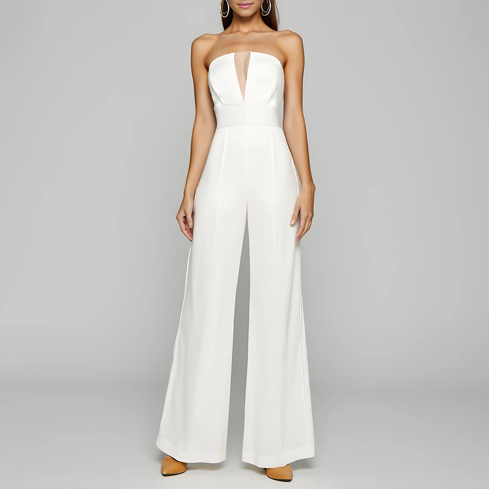 

Mia Muse Women's Jumpsuits Spring/Summer Wide-Leg Floor-Length Minimalist Plunge Sweetheart Neckline White​ Jumpsuits