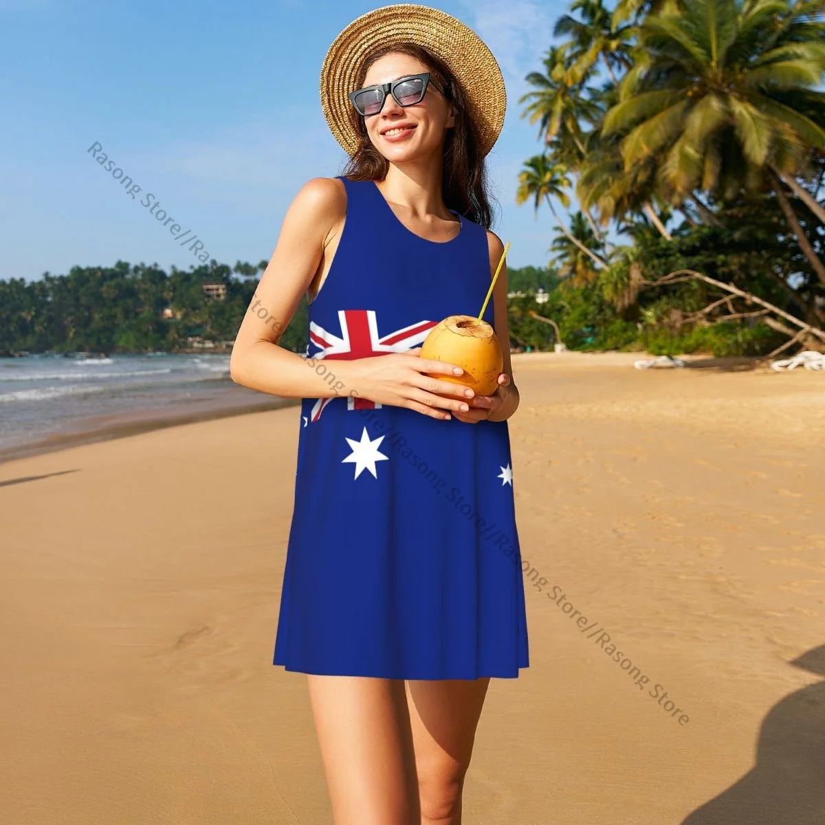 Women's Dress Summer Casual T Shirt Dresses Beach Cover up Australian Flag Tank Dress