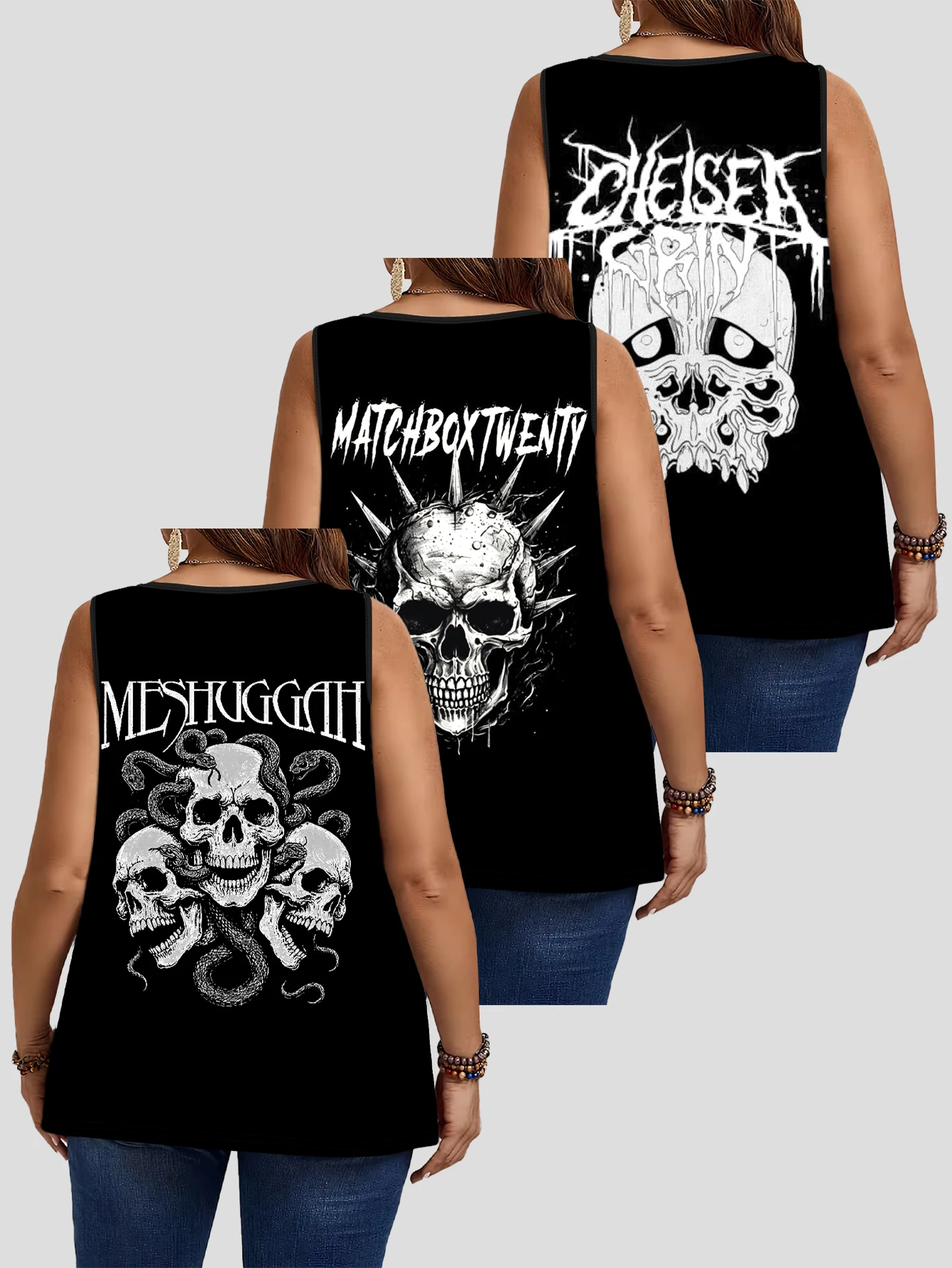 3-Piece Set of Plus-Size Women's Rock Band Snake Print Skull Vintage Art Print Tank Tops, Round Neck Loose Sleeveless Tops 2