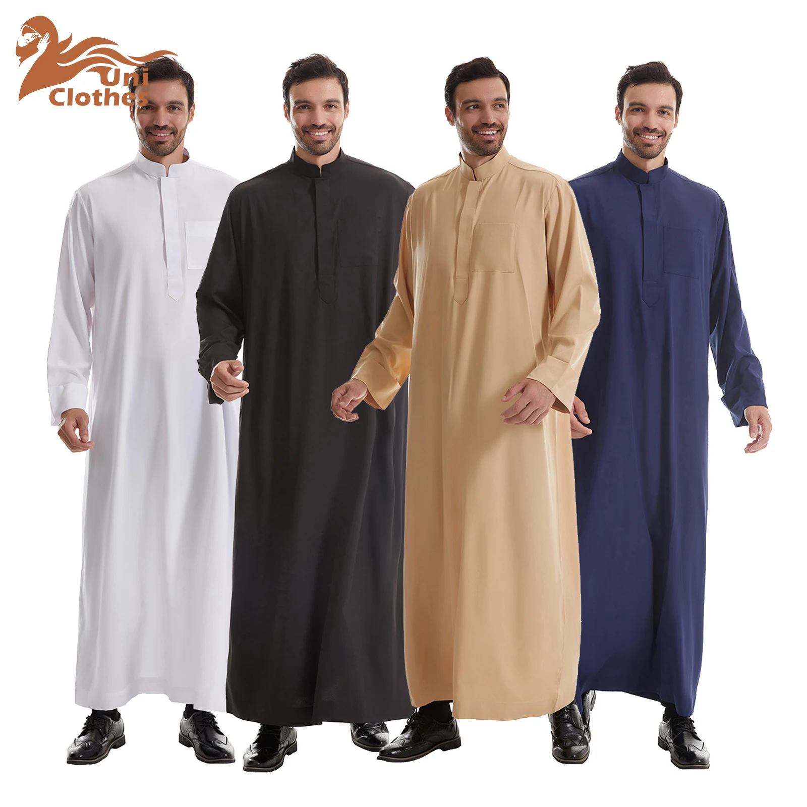 UNI Muslim Eid Ramadan Men Robe Long Sleeve Saudi Abaya Thobe Jubba Thoub Dubai Daffah Kaftan Islamic Arabic Dress Caftan Gown