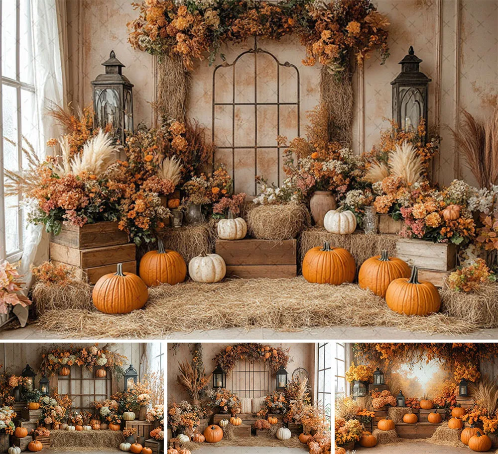 Mehofond Photography Background Fall Autumn Harvest Rustic Barn Hay Pumpkins Kids Birthday Portrait Decor Backdrop Photo Studio