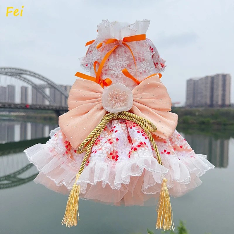 

Luxury Handmade Pet Dog Clothes Colorful Flower Print Big Bow Cotton Princess Dresses For Small Medium Dogs Poodle Puppy Dress