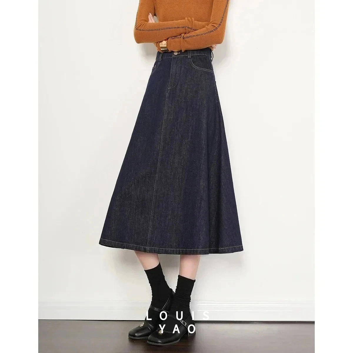 

LOUISYAO Contrast Line Retro Denim Skirt Women 2025 Spring High Waisted A Line Washed Midi Skirt Casual Streetwear Bottoms