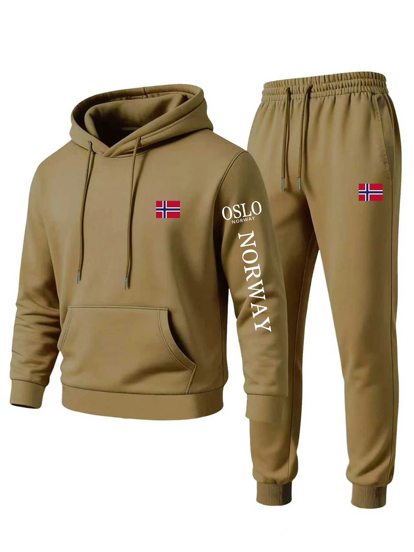 طقم سويت شيرت كلاسيكي بقلنسوة للرجال لخريف وشتاء 2025، طباعة العلم النرويجي العصري، طقم ملابس رياضية مريحة ودافئة
