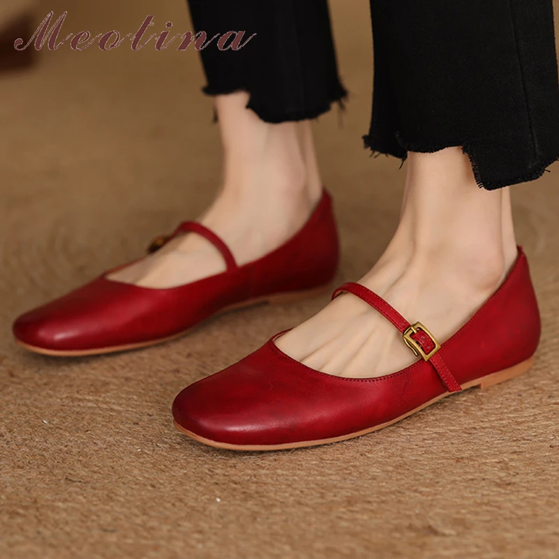 Meotina Women Genuine Leather Mary Janes Round Toe Flats Buckle Glove Shoes Ladies Fashion Casual Shoes Spring Autumn Brown 40