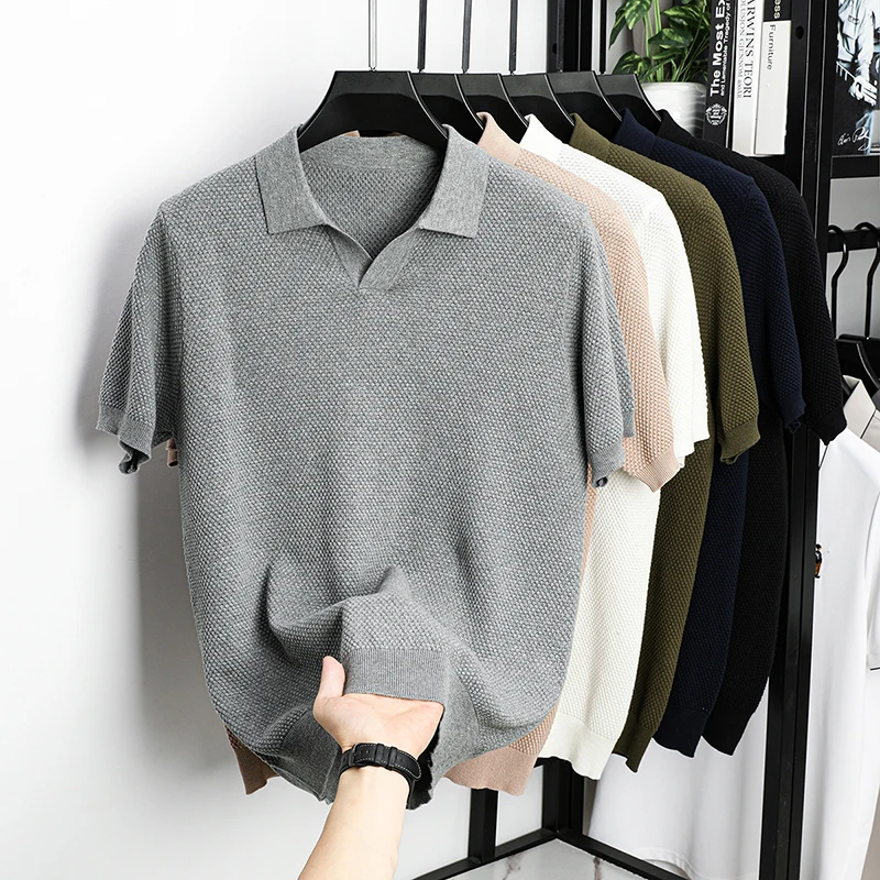 100 Baumwolle High-End-Marke männer Revers Kurzarm T-Shirt Sommer Neue Einfarbig Kleine V-ausschnitt Mode Business freizeit Männer derbekleidung – Detail 5