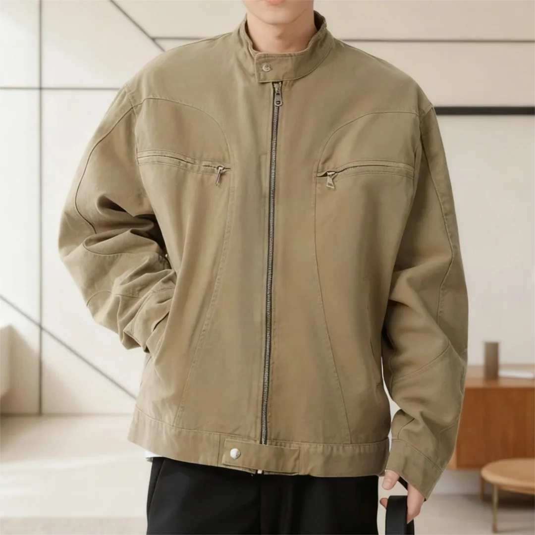 

Men's Harrington Jacket in Heavyweight Washed Canvas - Clean-Fit Cropped Utility Jacket with Stand Collar