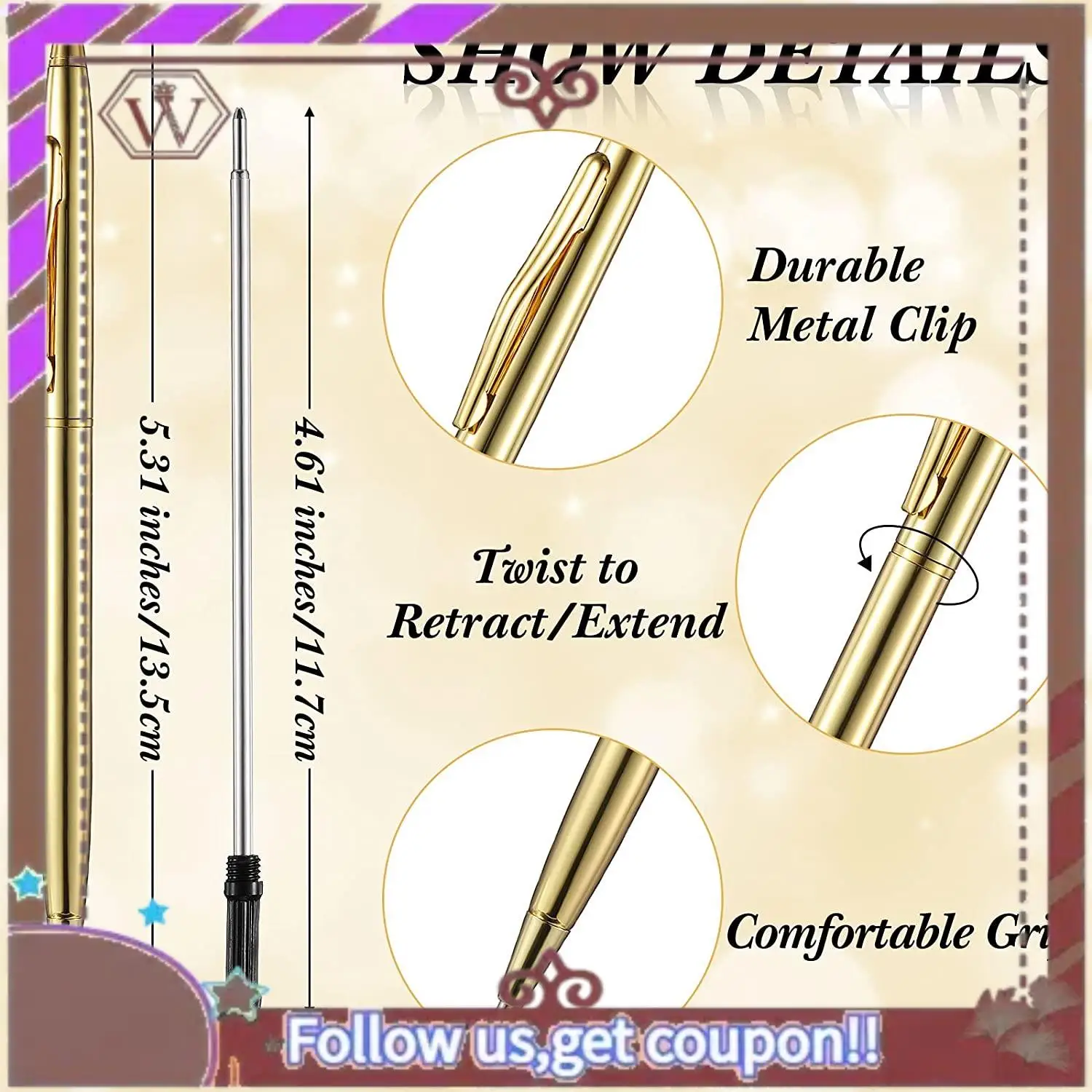 최신 12 PCS 골드 슬림 볼펜 검정 잉크 1 Mm 중간 포인트 금속 개폐식 펜 학생 교사 사무실