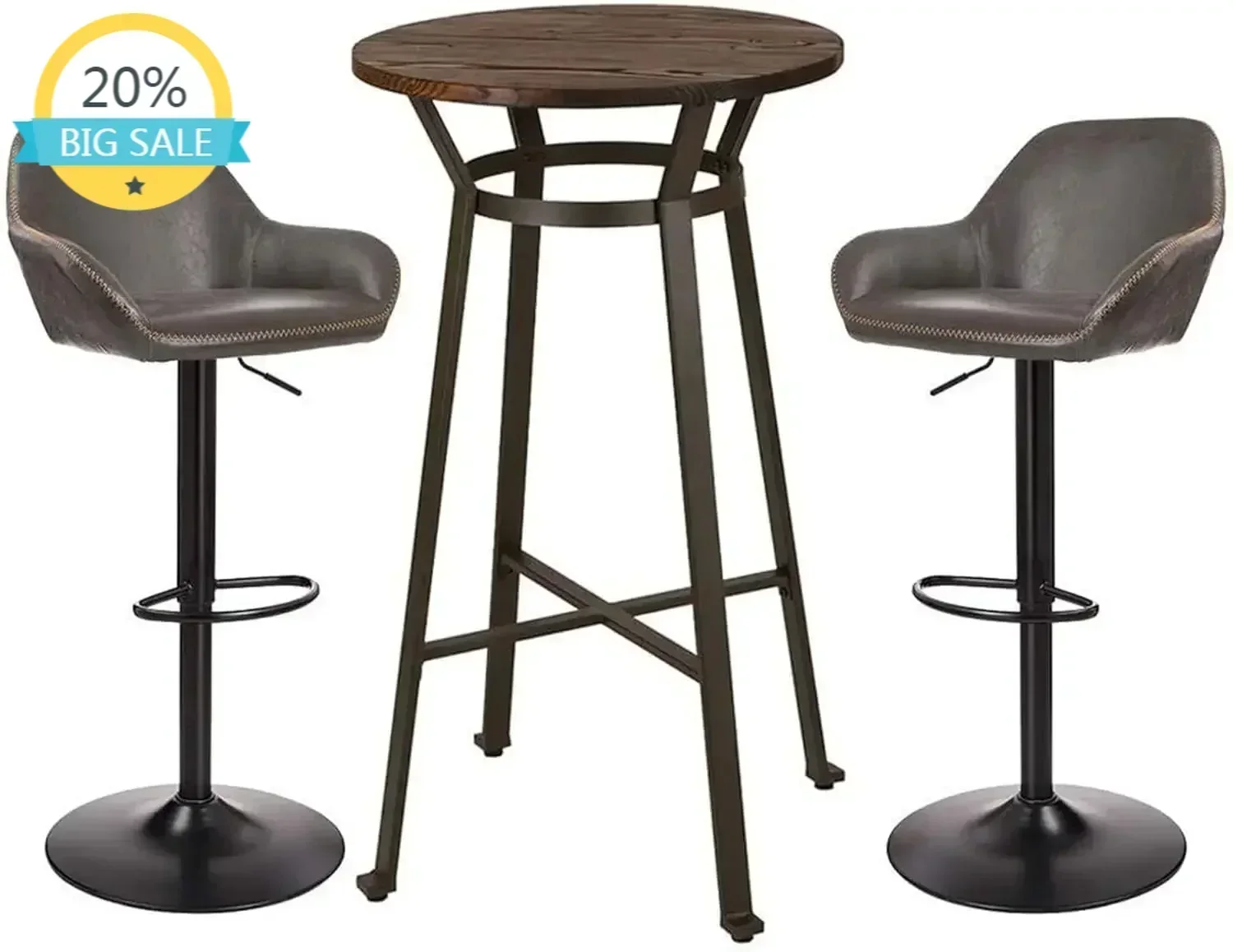 hot-sale productsBestsellerRound Rustic Bar Height Top Table & Adjustable Swive Grey Bar Stools, 3 Piece Pub Table and Chairs Se