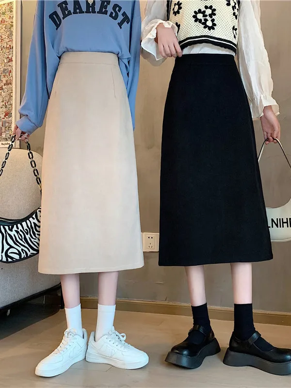 plus Size Autumn Winter Korean Style Woolen High Waist Slimming Midi Skirt A-Line Skirt Commute Style Polyester Fiber