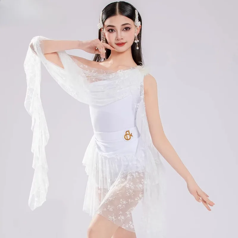 

Элегантное белое платье для латиноамериканских танцев для девочек, асимметричное, из прозрачного тюля и кружева, для бальных танцев и сальсы, костюм для выступлений