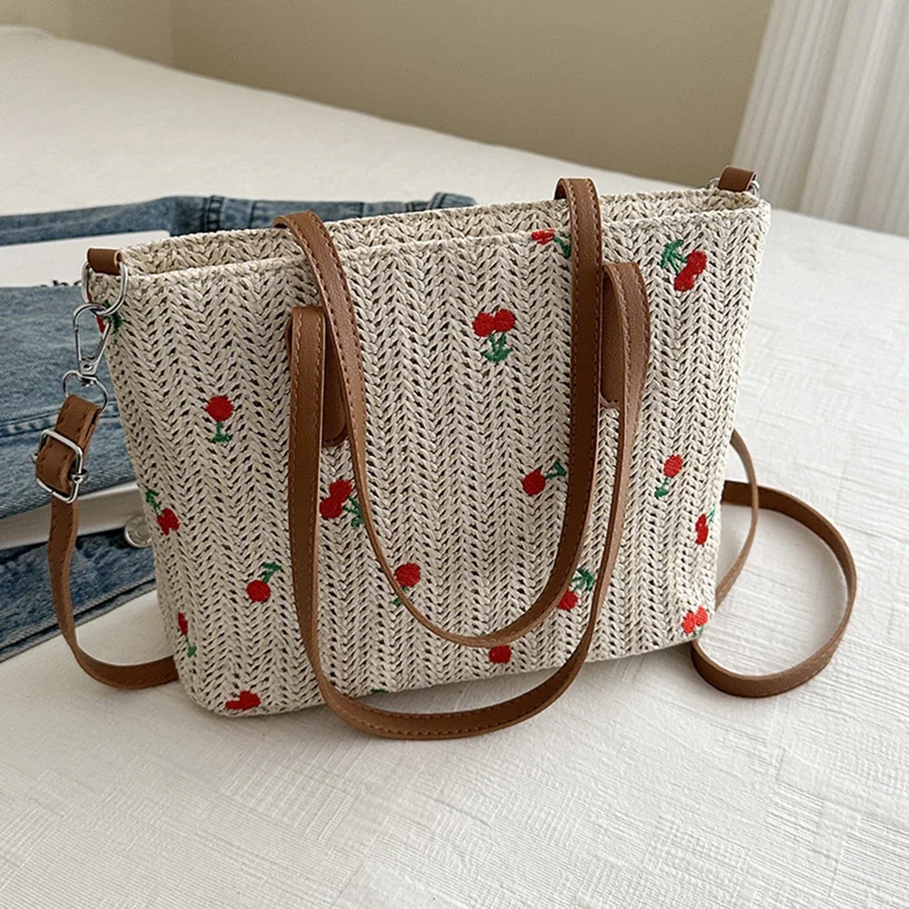 Cherry Crossbody Bag for Women Straw Bags Raffia Woven Tote Handbag New 2024 Casual Shopping Bag Female Chic Straw Shoulder Bag