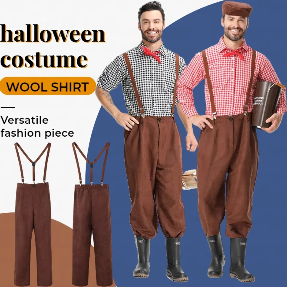 

Handmade Rough Linen Dark Checkered Colonial Suspender Pants Medieval Farmer's Clothing Halloween Vintage Embroidered Workwear