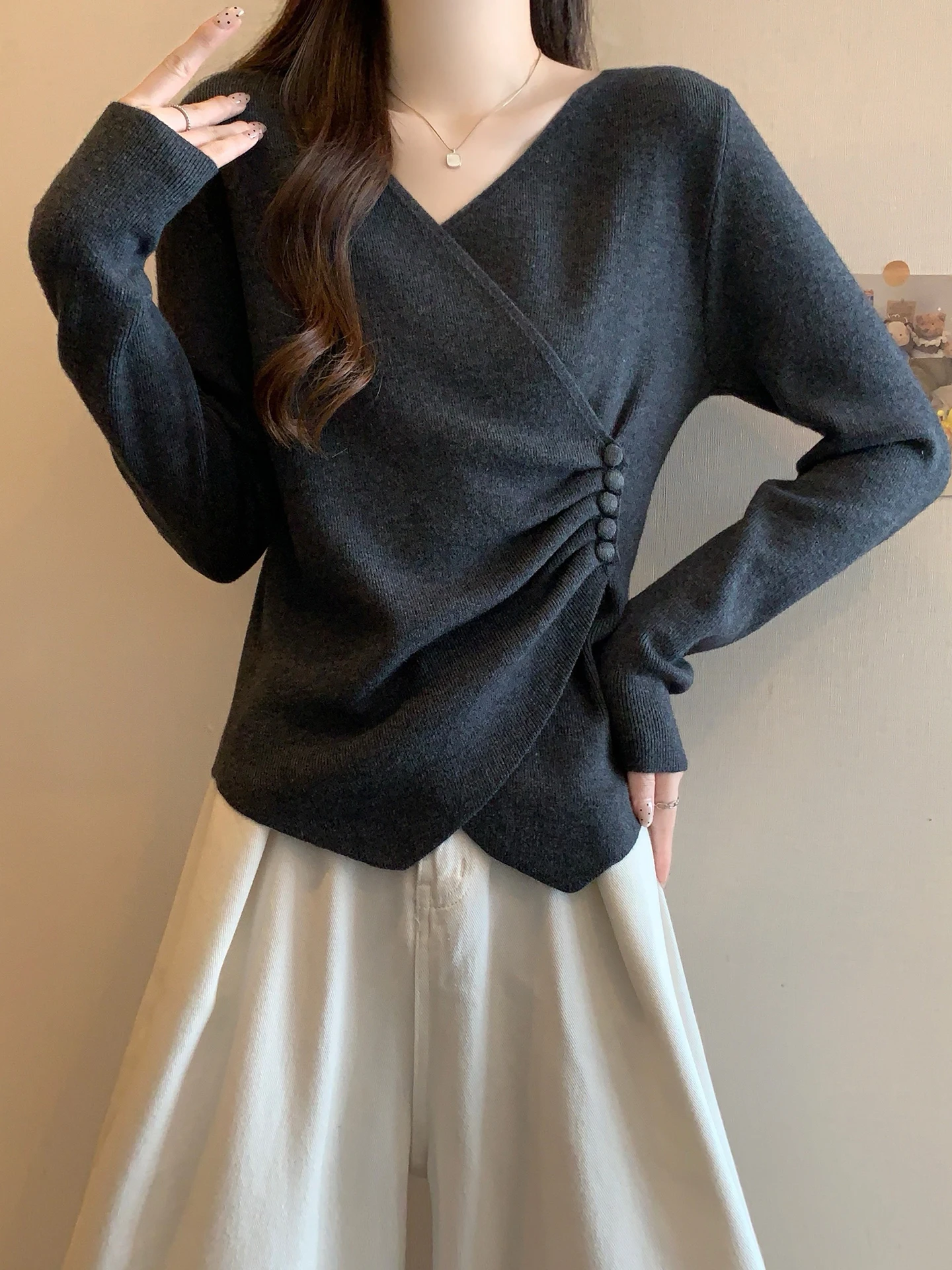 

Slimming V-Ne Long Sve Knitted Top Women's Autumn plus Size Faion Design Waist-Cinching Base Layer irt