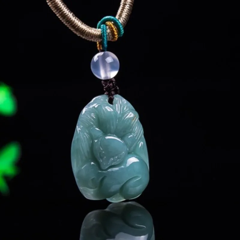 

Burmese Emerald Jade Blue Water Nine-tailed Fox Pendant Jadeite Amulets Fashion Retro Natural Jewelry Gifts for Men Women