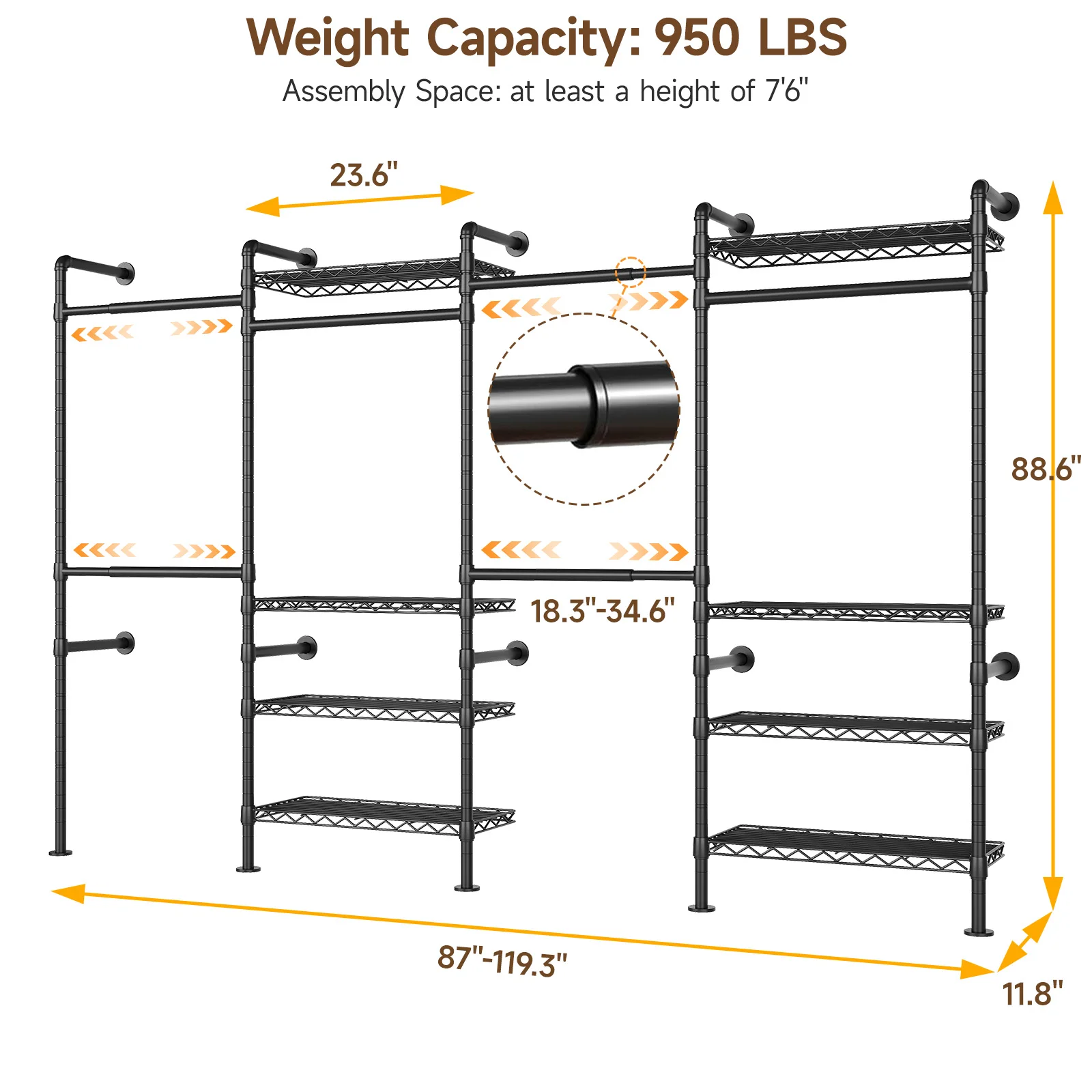 L4 Wall Mounted Industrial Pipe  Clothes Rack, Closet Organizer System with Rods Expandable, Clothing Rack,
