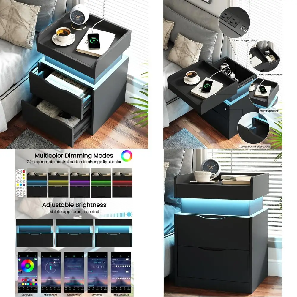 

dual drawer modern bedside table with led lights and charging dock