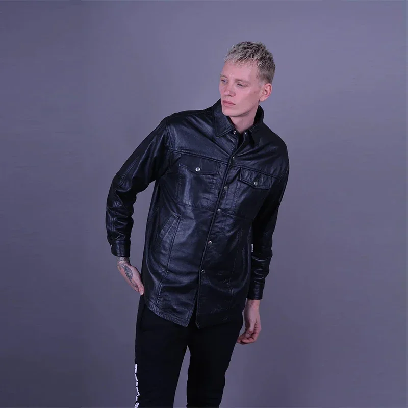 

Men's Laple Black Matte PU Shirt Coat Motorcycle Leather Jacket Coat with Pocket Vintage Loose Male Long Sleeve Button Suits