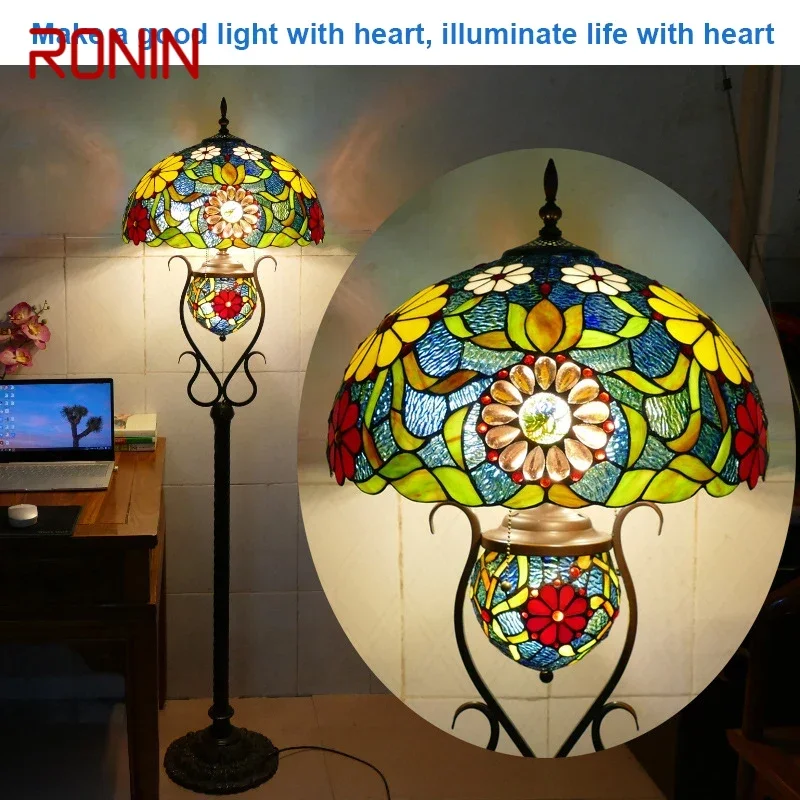 

RONIN Tiffany Floor Lamp American Retro Living Room Bedroom Lamp Country Stained Glass Floor Lamp