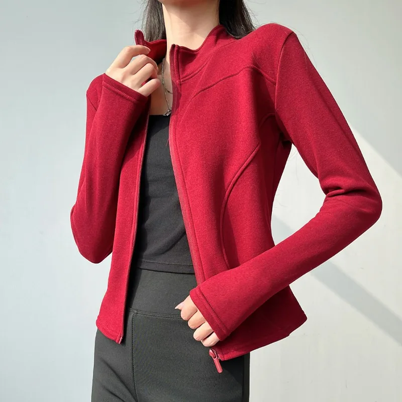 Women Stand Collar Fleece Short Slim Fit Zip Up Warm Outerwear Autumn Winter