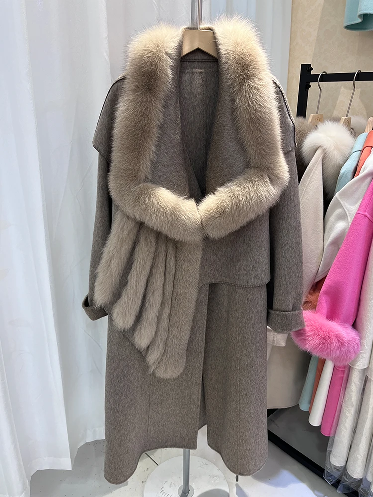 

Women Real Fox Fur Long Cashmere Wool Woolen Coat Winter Jacket Natural Fox Fur Collar Ladies Outerwear Streetwear