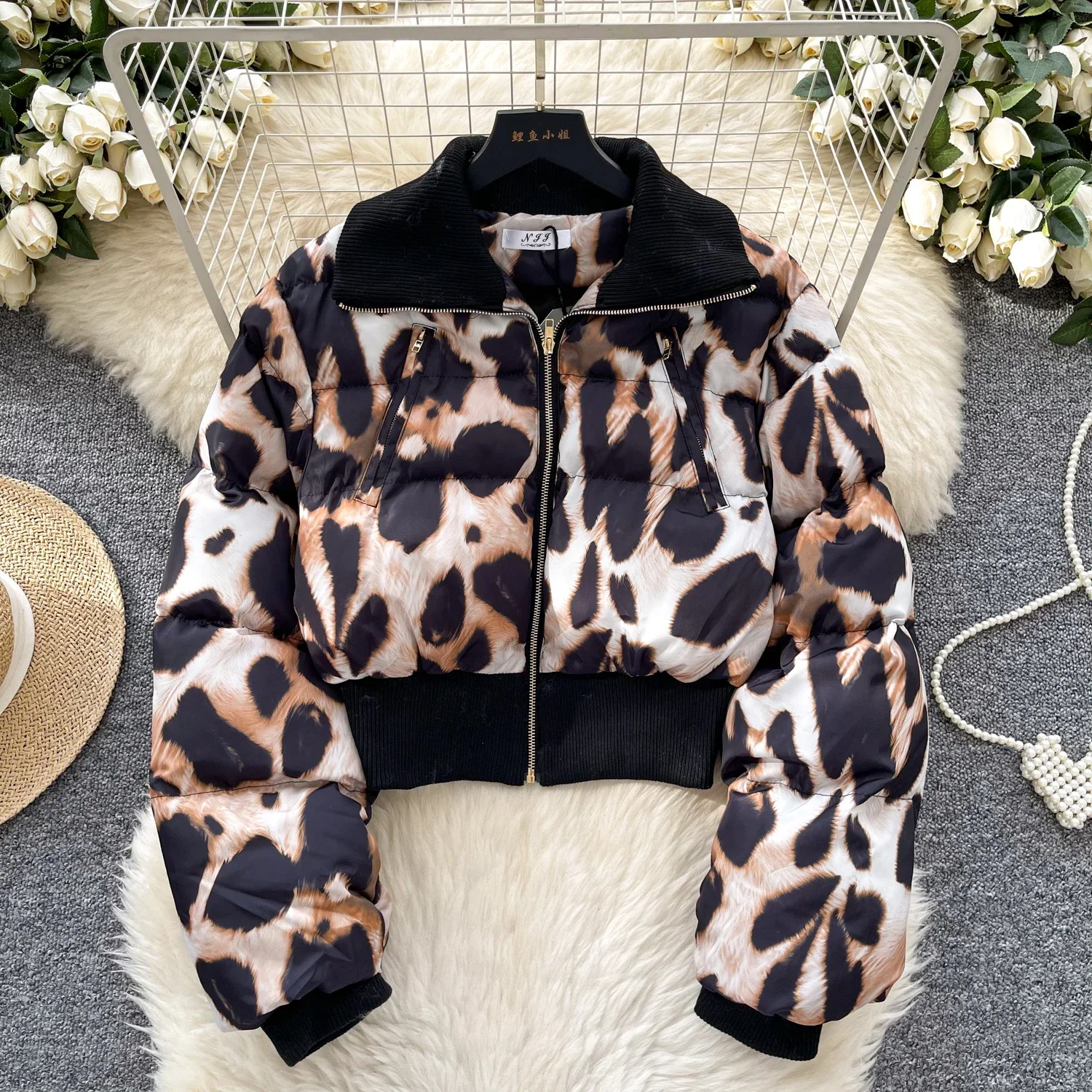 Basics Long Sleeves Vintage Turn-down Collar Chic Fashion Leopard Zipper Slim Cotton Padded Bread Jacket High Street Winter Top