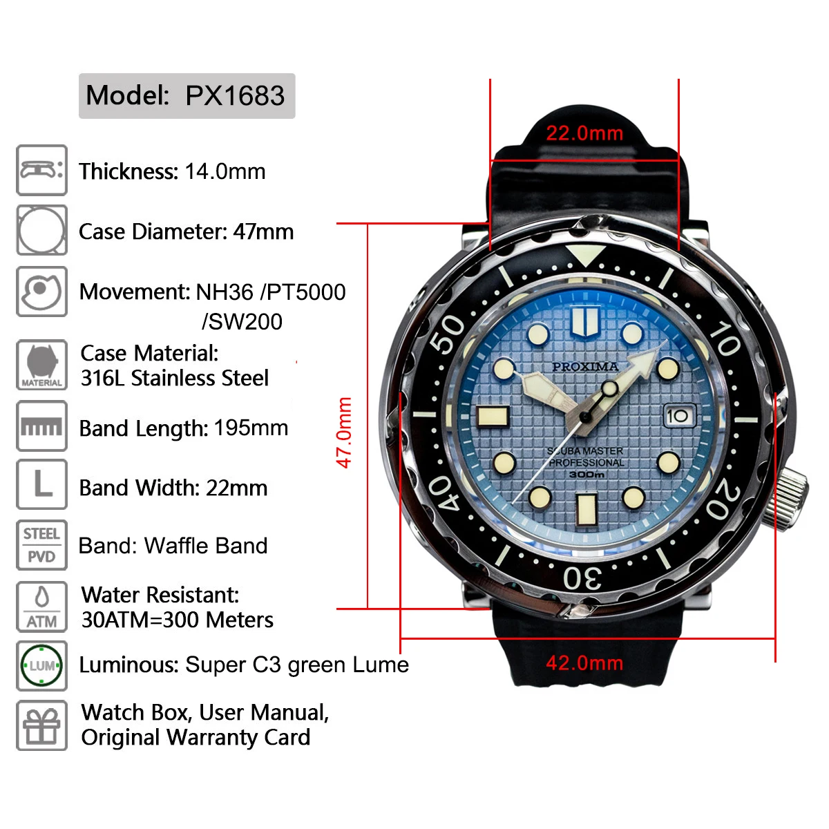 Imagem -06 - Atum Relógio Mecânico de Luxo Waffle Dial Nh35 Pt5000 Sw200 Relógios de Mergulho Automáticos de Aço Inoxidável Relógio de Pulso Masculino Px1682 v3