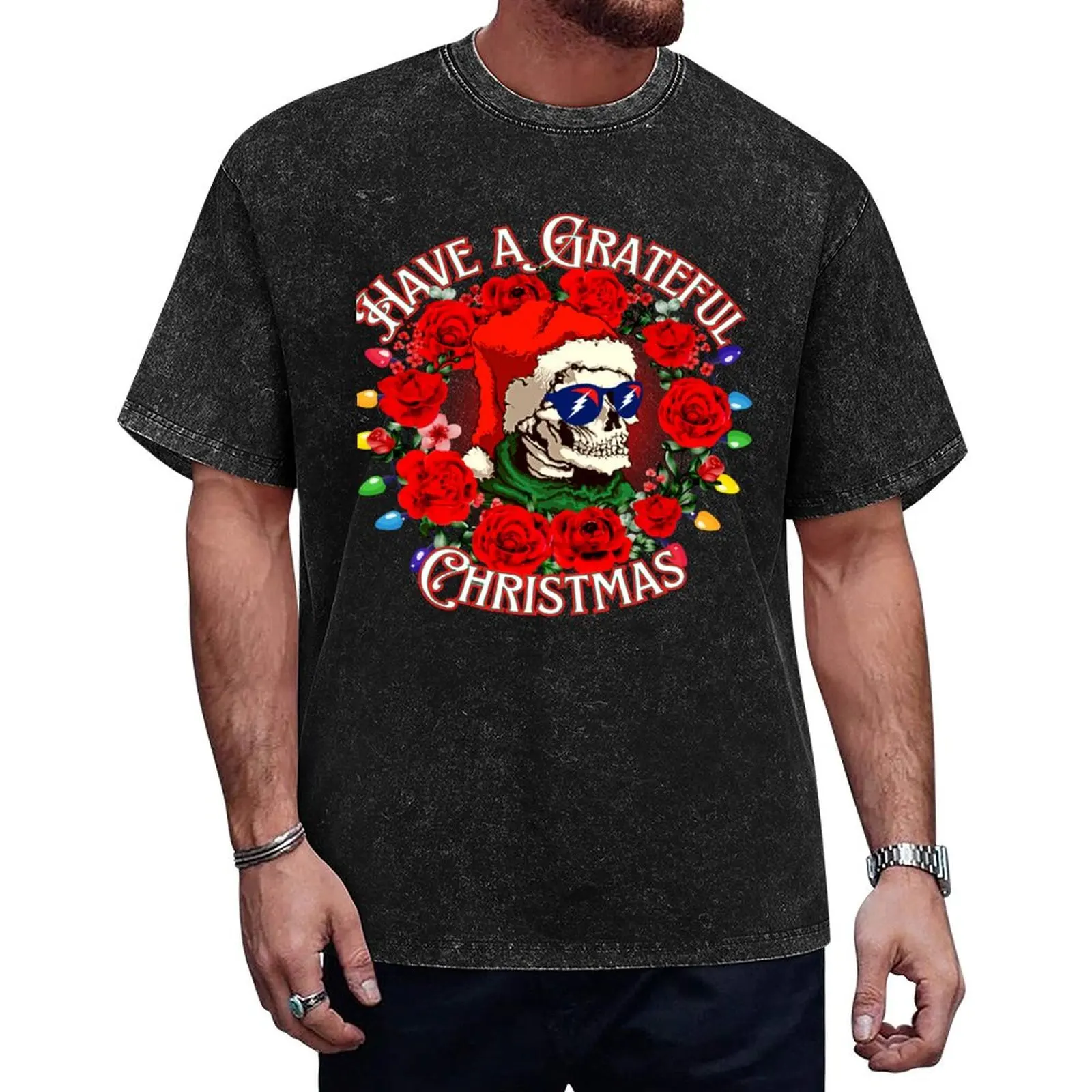 

Grateful Chrtistmas Roses & Skeleton T-Shirt aesthetic clothes blue archive graphic shirts plain t shirts men