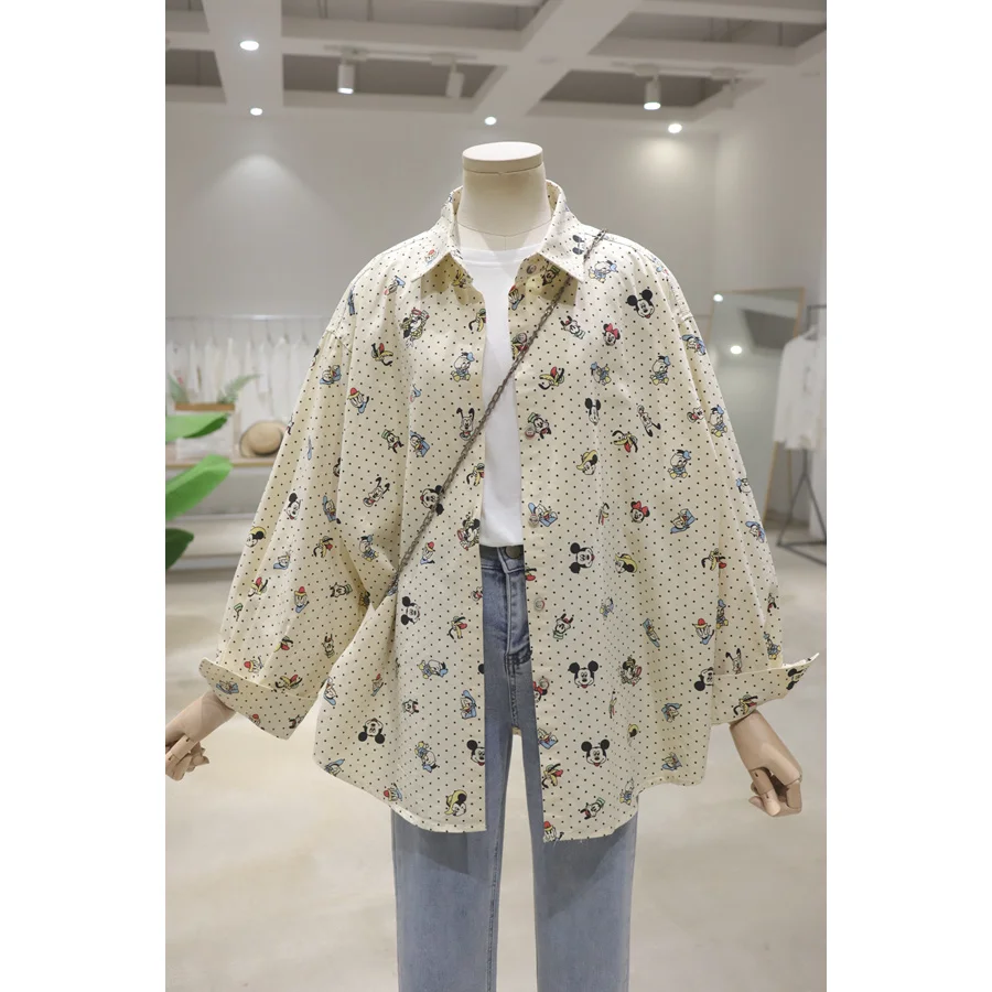 Full Body Polka Dot Age-reducing Cartoon Single-breasted Shirt New Autumn Loose Medium And Long Cotton Long-sleeved Blusas Women