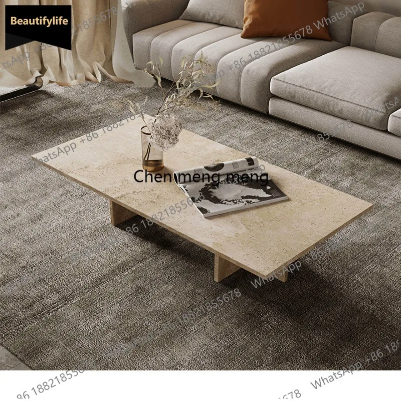 

Дизайнерский журнальный столик M183 Wabi Sansan из натурального римского травертина прямоугольной формы, в стиле лёгкой роскоши для гостиной.