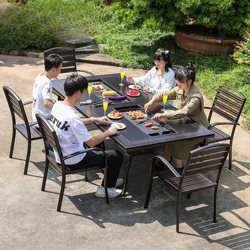 

Многофункциональный обеденный стол для отдыха на открытом воздухе: для сада, террасы виллы, балкона отеля и гостевого дома, с функцией барбекю, со стульями, литой металл