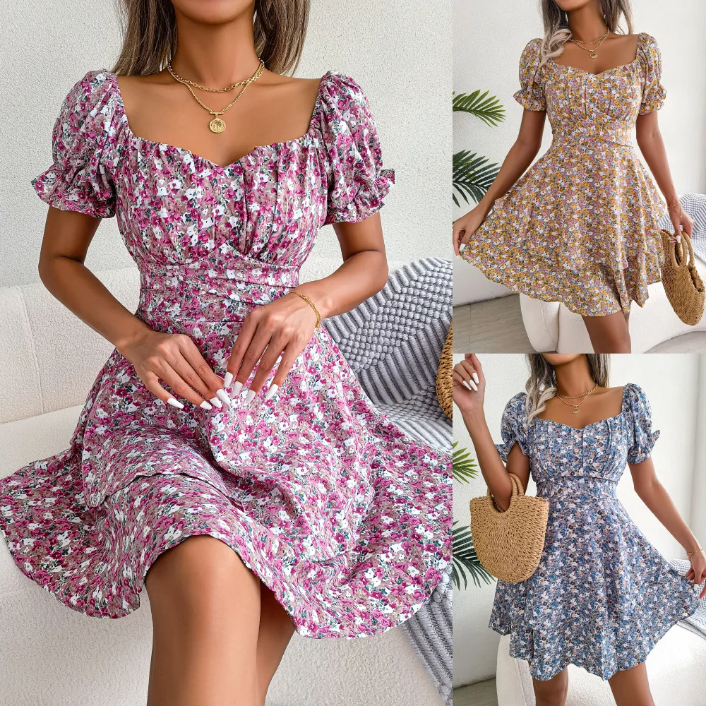 Vintage floral impressão feminina verão mini vestido casual boho manga curta praia vestido de verão elegante festa quadrado pescoço vestidos
