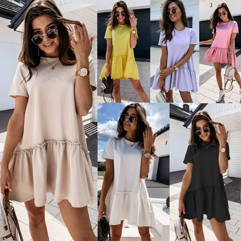 New Women\'s Elegant Solid Color Dress Short Dresses Loose Casual Round Neck Short Sleeves Ruffles O-Neck Ladies Party Streetwear